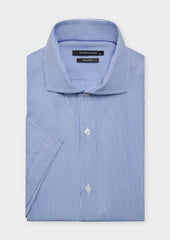 Chemise manches courtes Slim en coton Jacquard blanc à rayures bleu classique