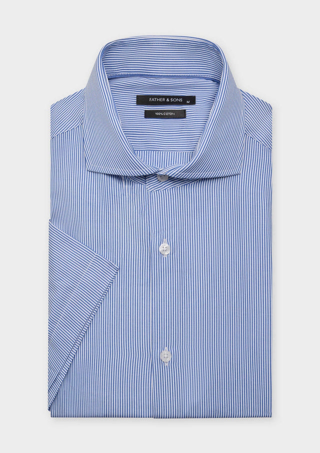 Chemise manches courtes Slim en coton Jacquard blanc à rayures bleu classique