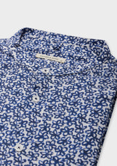 Chemise Manches Courtes Slim En Popeline De Coton Et Lin Blancs Motif Fleuri Bleu Col Officier