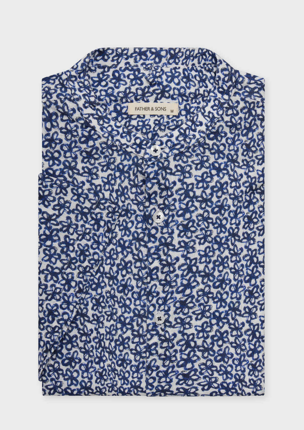 Chemise Manches Courtes Slim En Popeline De Coton Et Lin Blancs Motif Fleuri Bleu Col Officier
