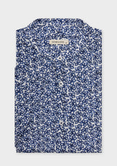 Chemise manches courtes Slim en popeline de coton et lin blancs à motif fleuri bleu à col officier