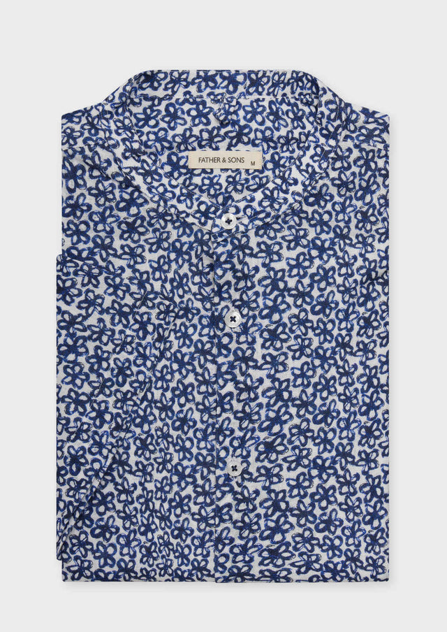Chemise manches courtes Slim en popeline de coton et lin blancs à motif fleuri bleu à col officier