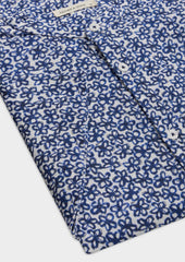 Chemise Manches Courtes Slim En Popeline De Coton Et Lin Blancs Motif Fleuri Bleu Col Officier