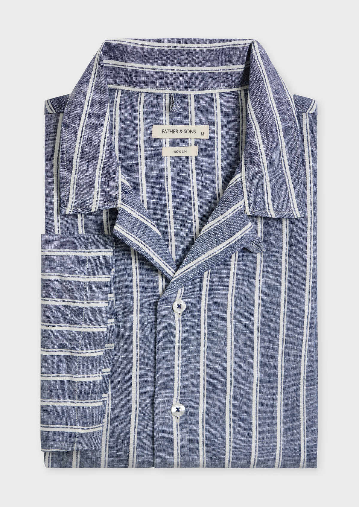 Chemise manches courtes Slim en popeline de lin bleu jeans à rayures blanches