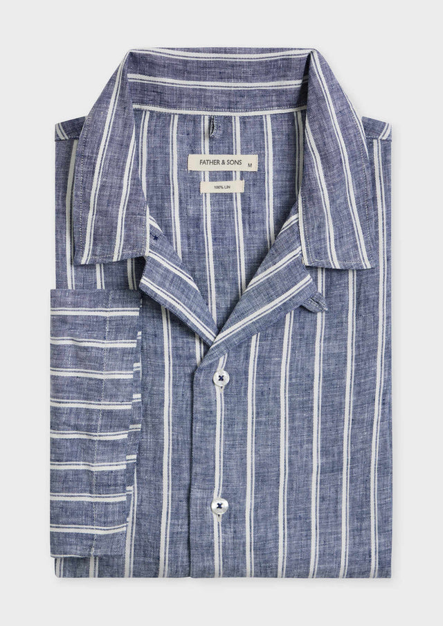 Chemise manches courtes Slim en popeline de lin bleu jeans à rayures blanches