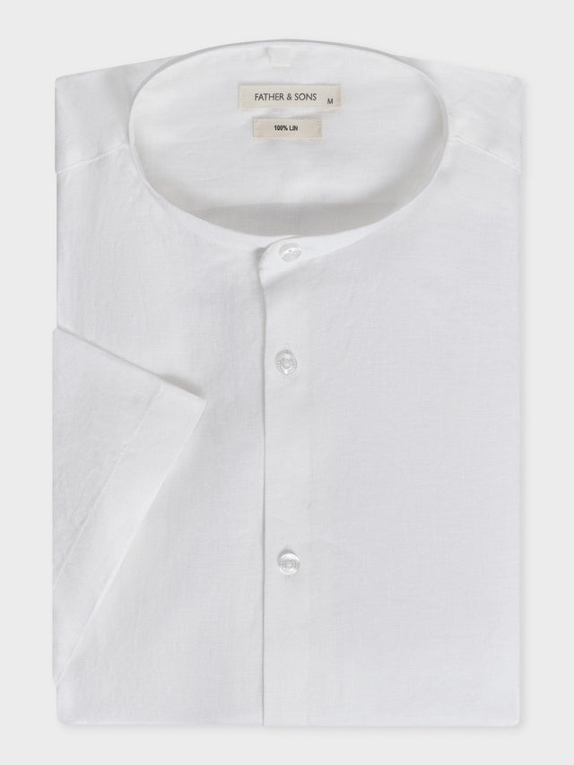 Chemise manches courtes Slim en popeline de lin uni blanc à col officier