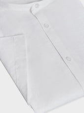 Chemise Manches Courtes Slim En Popeline De Lin Uni Blanc Col Officier