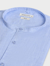 Chemise Manches Courtes Slim En Popeline De Lin Uni Bleu Ciel Col Officier