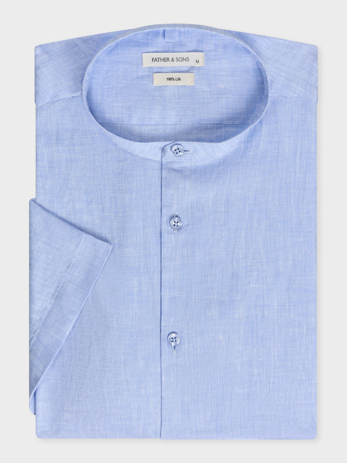 Chemise Manches Courtes Slim En Popeline De Lin Uni Bleu Ciel Col Officier