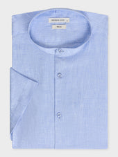 Chemise manches courtes Slim en popeline de lin uni bleu ciel à col officier