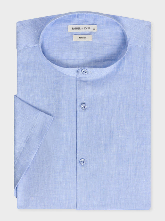 Chemise manches courtes Slim en popeline de lin uni bleu ciel à col officier