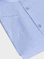 Chemise Manches Courtes Slim En Popeline De Lin Uni Bleu Ciel Col Officier