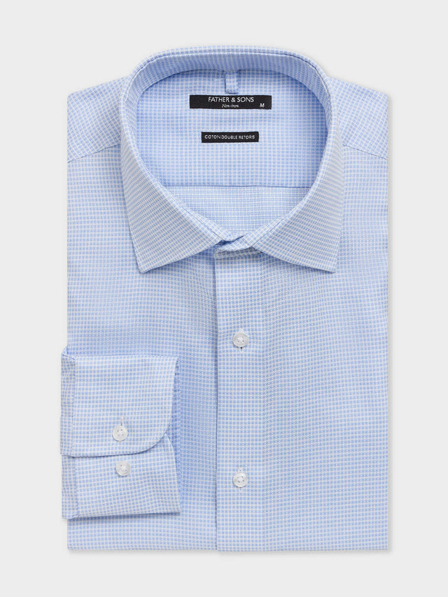 Chemise non-iron slim en coton Jacquard bleu ciel à carreaux