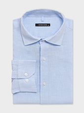 Chemise slim en pinpoint de lin et coton bleu ciel à carreaux