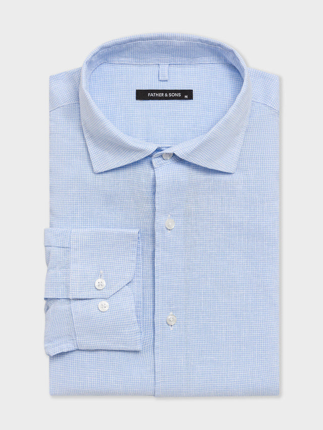 Chemise slim en pinpoint de lin et coton bleu ciel à carreaux