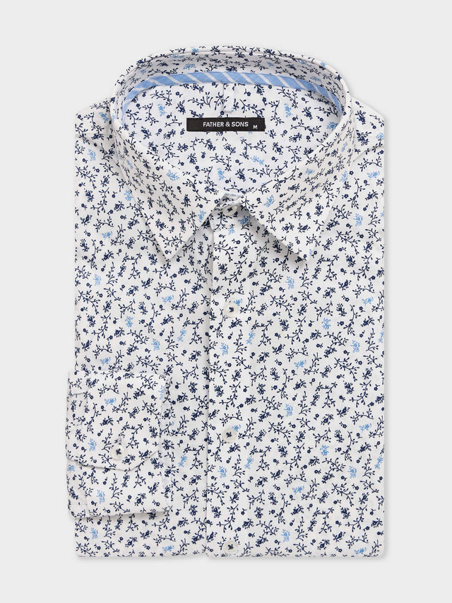 Chemise regular en popeline de coton stretch à motif fleuri bleu indigo