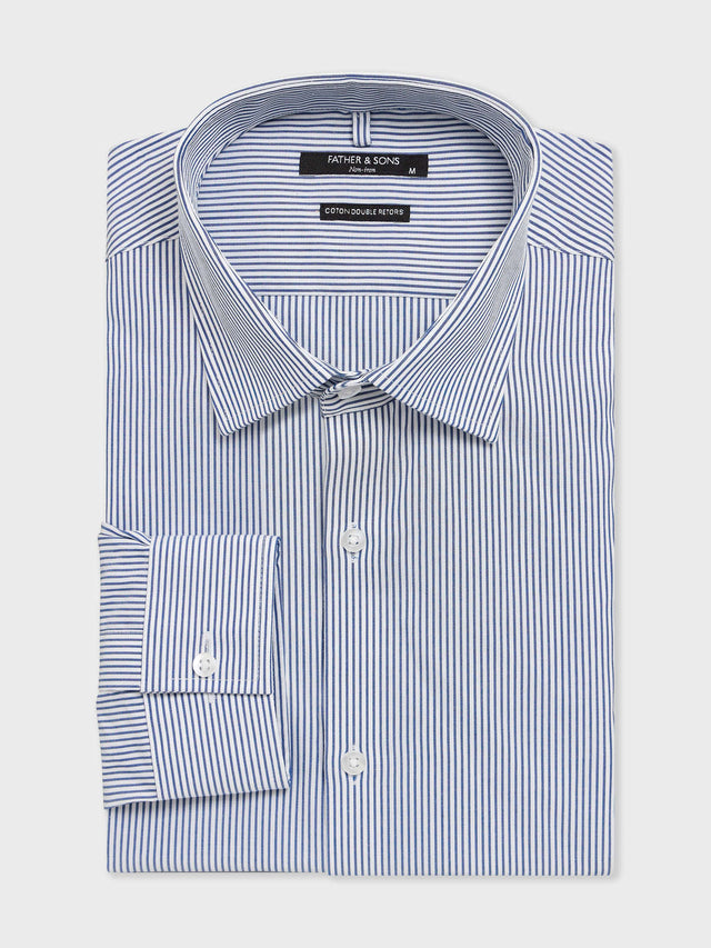 Chemise non-iron slim en twill de coton à rayures bleu marine