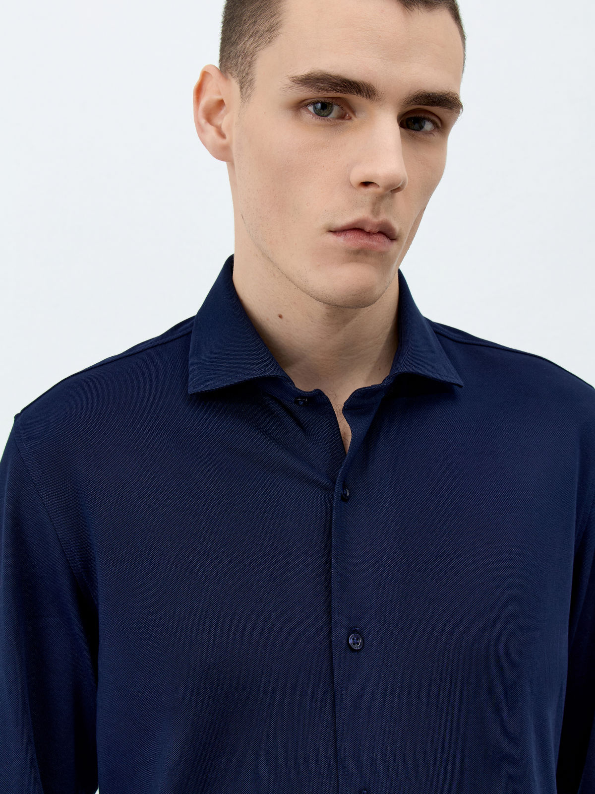 Chemise Slim En Maille Piqu E Bleu Marine