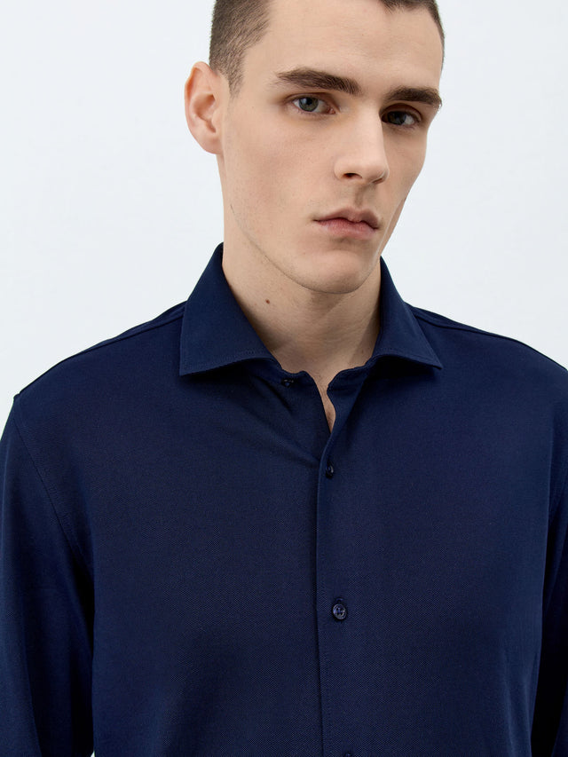 Chemise Slim en popeline de coton mélangé bleu marine
