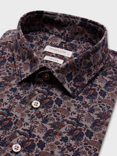 Shirt Slim En Popeline De Coton Marron Motif Fleuri