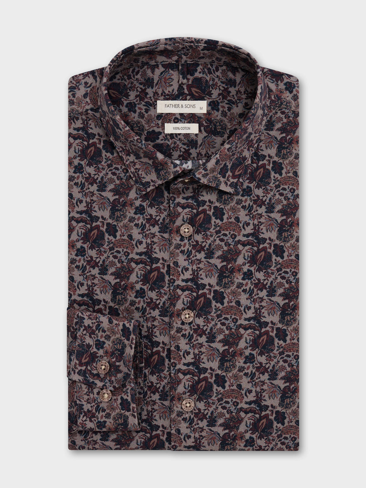 Shirt Slim En Popeline De Coton Marron Motif Fleuri