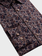 Shirt Slim En Popeline De Coton Marron Motif Fleuri