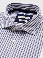 Chemise Slim En Popeline De Coton Blanc Rayures Bleu Et Beige