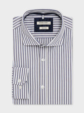 Chemise Slim en popeline de coton blanc à rayures bleu et beige