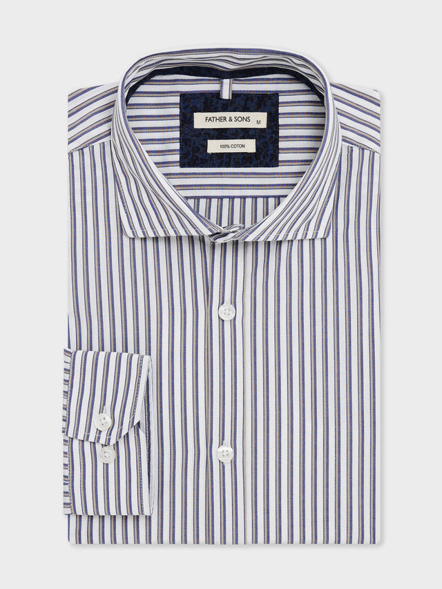 Chemise Slim en popeline de coton blanc à rayures bleu et beige