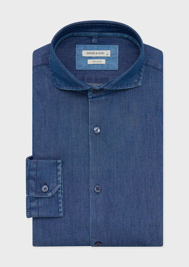 Chemise sport Slim en coton denim uni bleu jeans