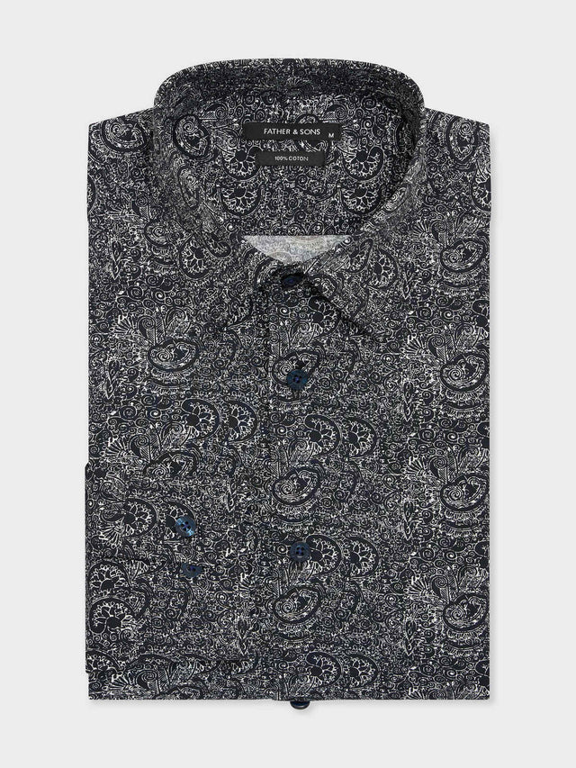 Chemise regular en popeline de coton bleu marine à motif cachemire