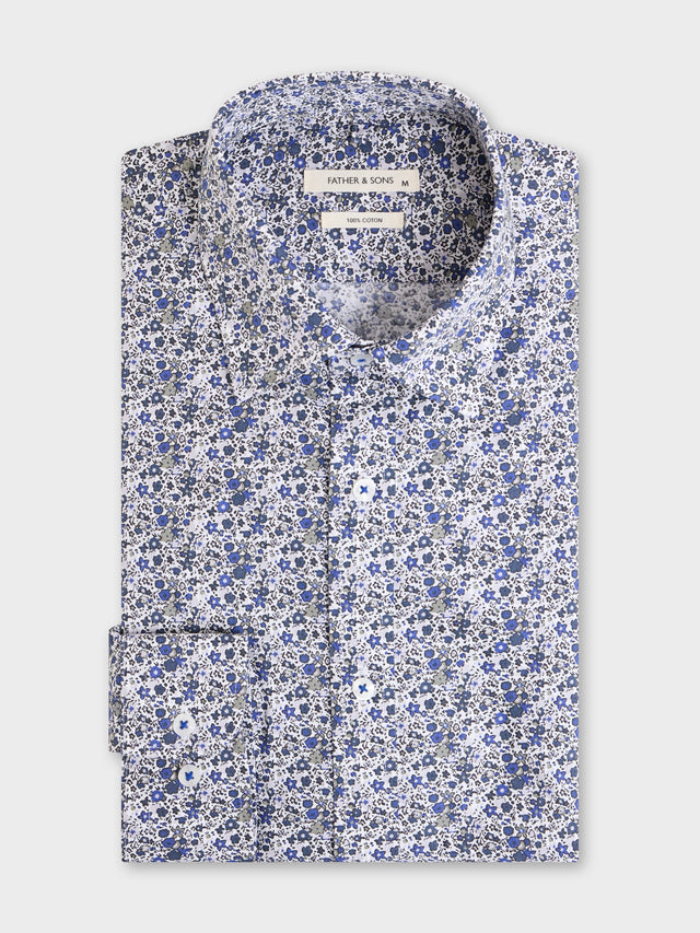 Chemise regular en popeline de coton à motif fleuri bleu