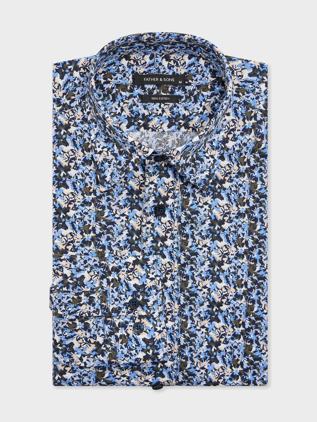 Chemise regular en popeline de coton bleu indigo à motif fleuri