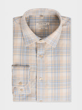 Chemise regular en velours côtelé beige à carreaux bleu