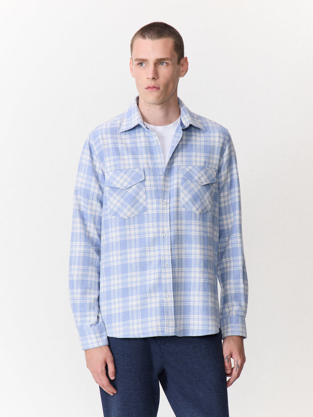 Chemise regular en popeline de coton mélangé bleu à carreaux
