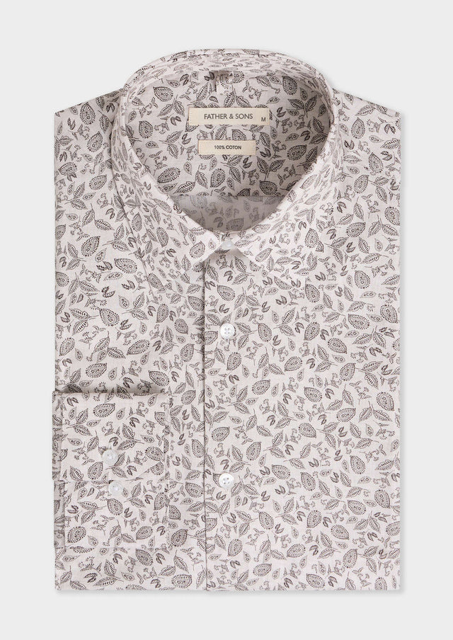 Chemise slim en popeline de coton beige à motif fleuri