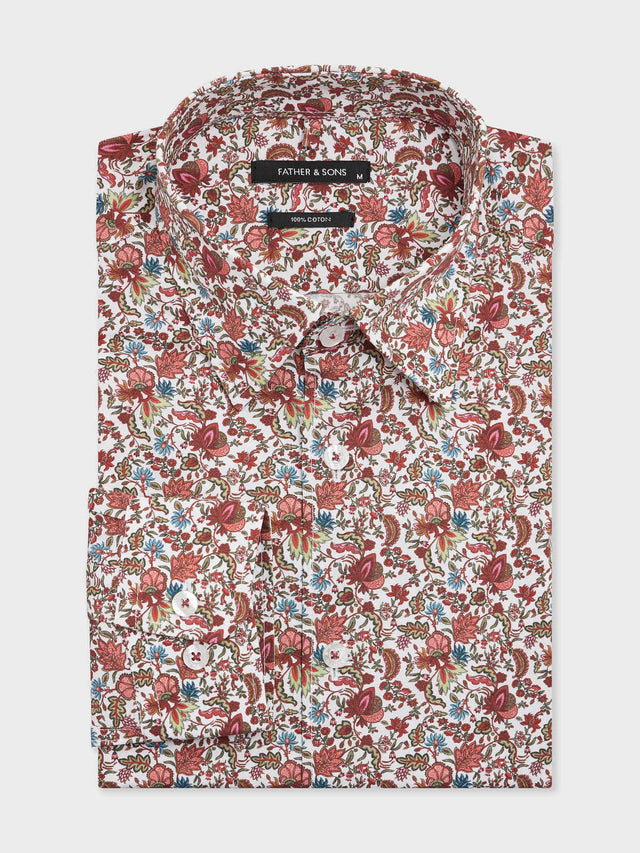 Chemise slim en popeline de coton à motif fleuri bordeaux