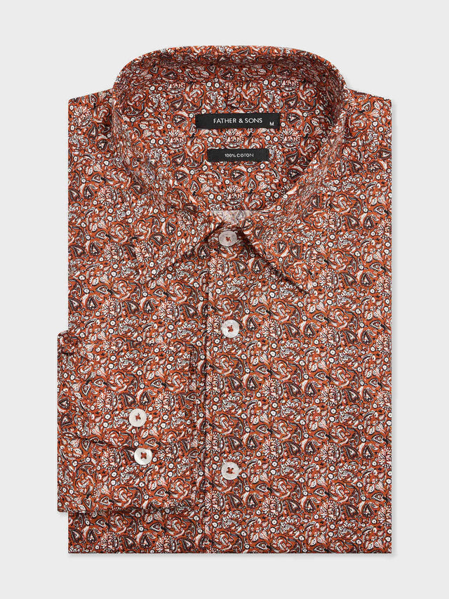 Chemise slim en popeline de coton rouge à motif cachemire