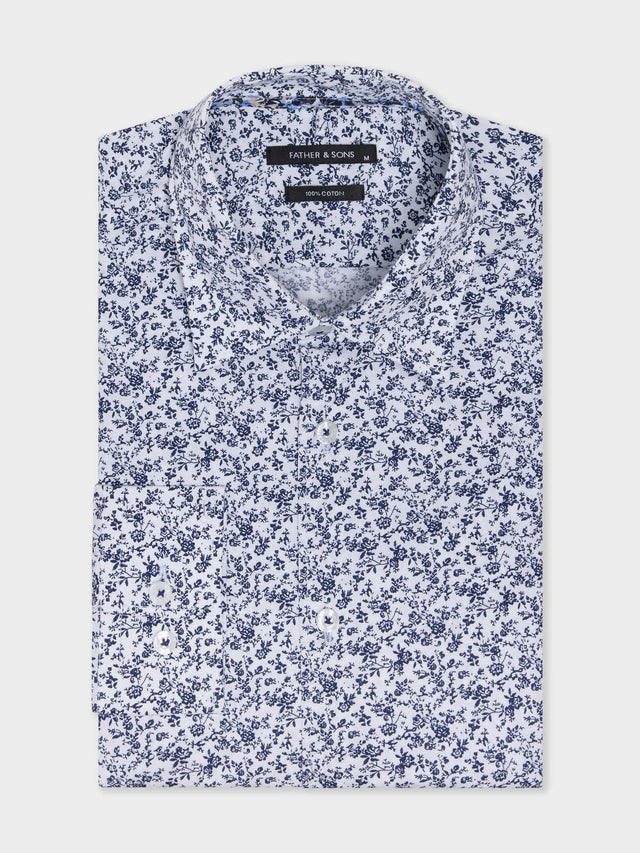 Chemise slim en popeline de coton à motif fleuri bleu