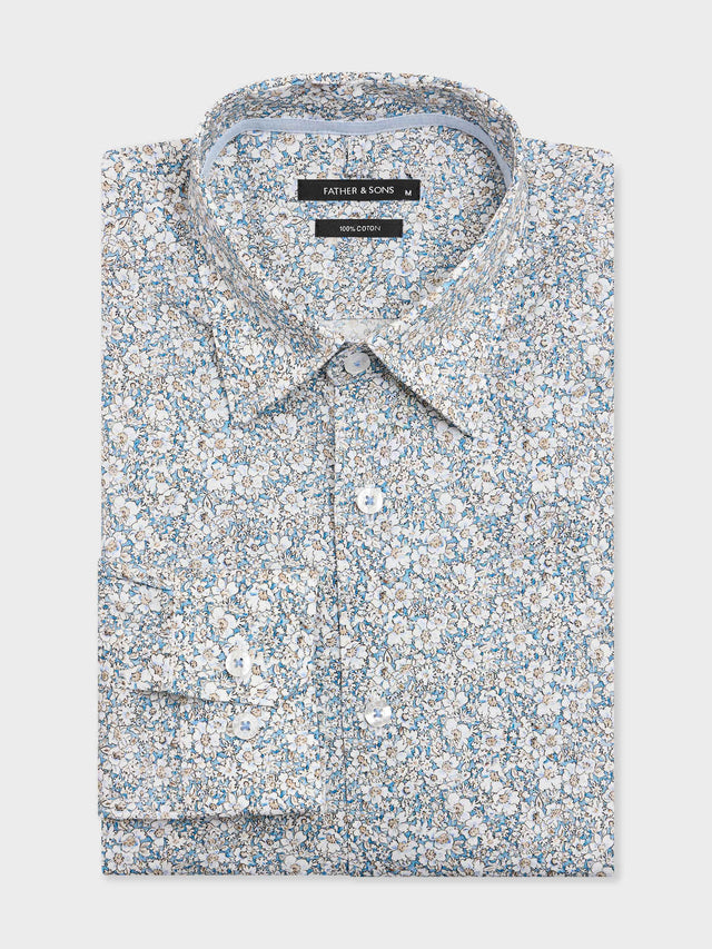 Chemise slim en popeline de coton bleu à motif fleuri