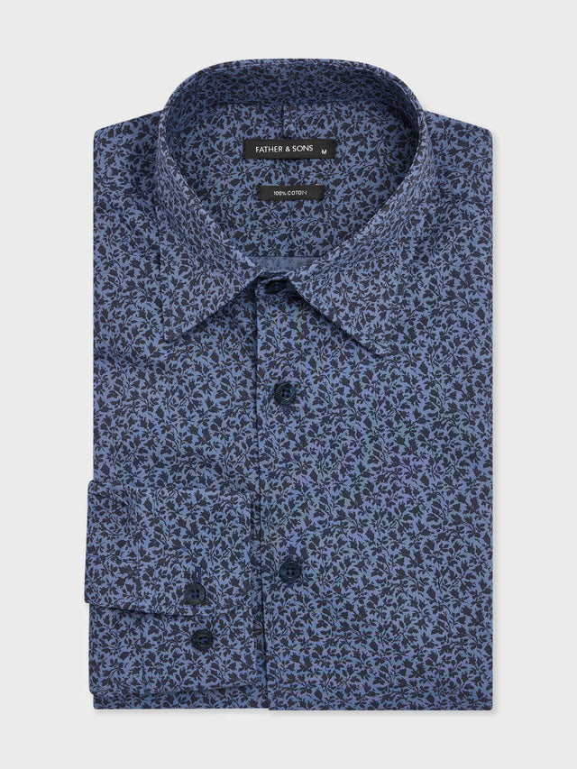 Chemise slim en popeline de coton bleu indigo à motif fleuri