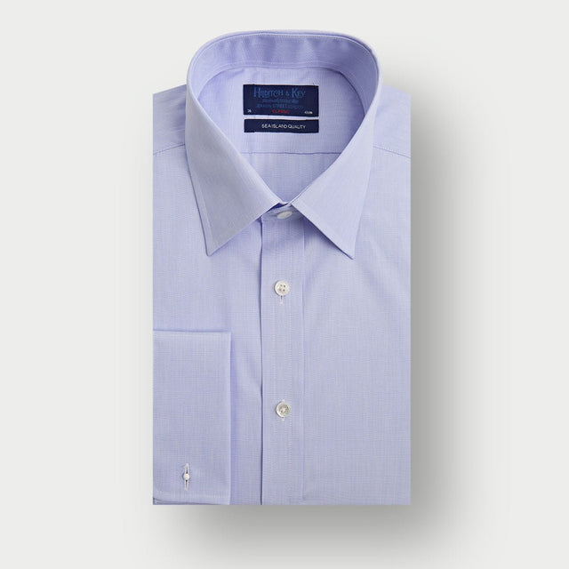 Classic Fit Blue Sea Island Quality End-on-End Cotton Shirt with Classic Collar & Double Cuff