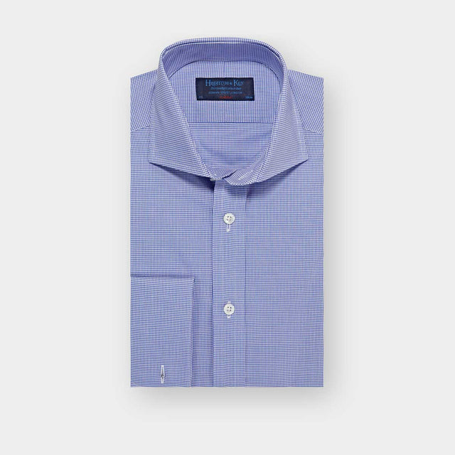 Classic Fit Blue Shepherds Check Cotton Poplin Shirt with Cut-away Collar & Double Cuff