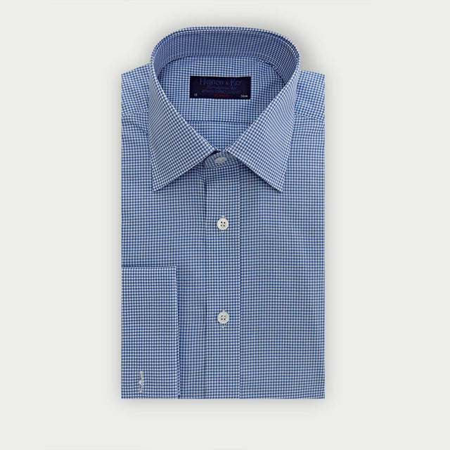 Classic Fit Blue Small Gingham Check Cotton Shirt with Classic Collar & Double Cuff