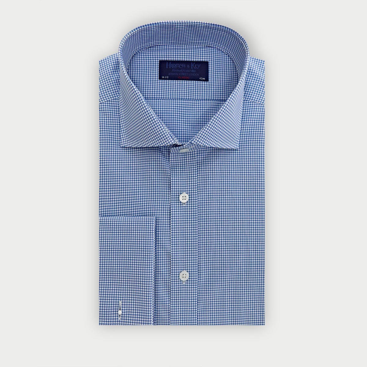 Classic Fit Small Gingham Check Cotton Shirt With Cut Away Collar Double Cuff