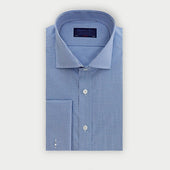 Classic Fit Blue Small Gingham Check Cotton Shirt with Cut-Away Collar & Double Cuff