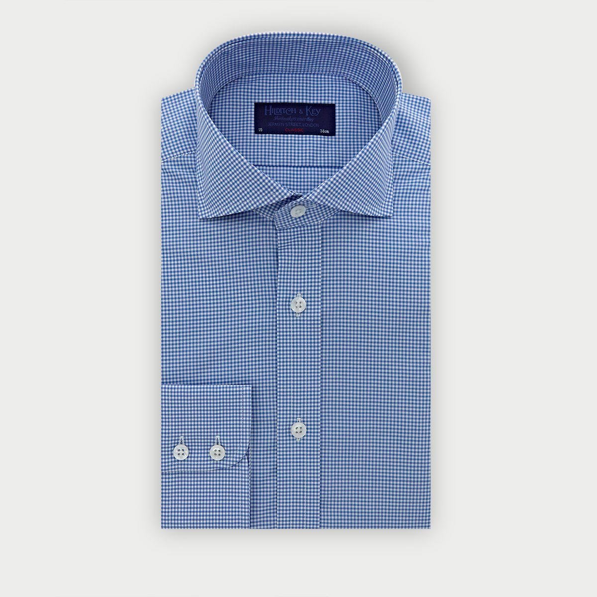 Classic Fit Small Gingham Check Cotton Shirt With Cut Away Collar Two Button Cuff