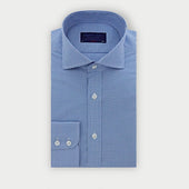 Classic Fit Blue Small Gingham Check Cotton Shirt with Cut-Away Collar & Two Button Cuff