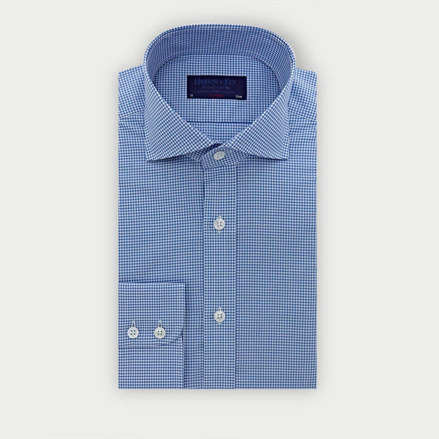 Classic Fit Blue Small Gingham Check Cotton Shirt with Cut-Away Collar & Two Button Cuff