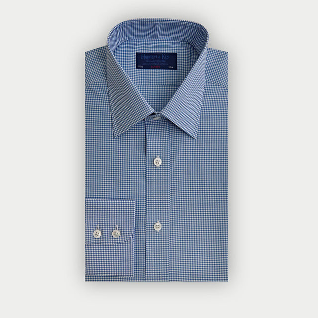 Classic Fit Small Gingham Check Cotton Twill Shirt With Classic Collar Two Button Cuff